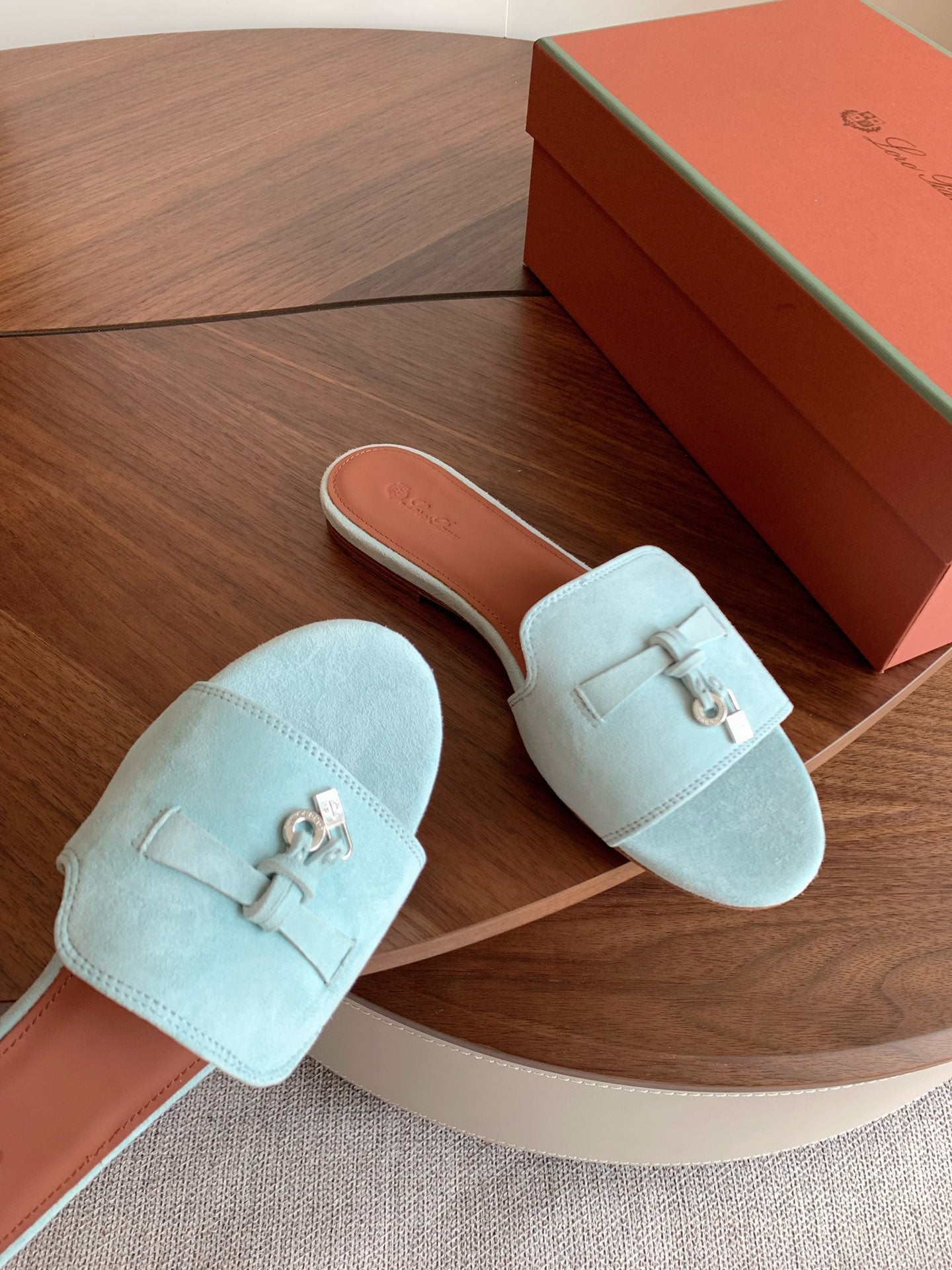 LP 26S SUMMER CHARMS SLIDES IN MINT BLUE SUEDE SILVER HARDWARE