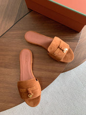 LP 26S SUMMER CHARMS SLIDES IN CARAMEL BROWN SUEDE GOLD HARDWARE