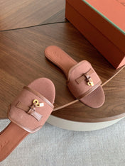 LP 26S SUMMER CHARMS SLIDES IN DUSTY ROSE BROWN CANVAS AND CALFSKIN GOLD HARDWARE