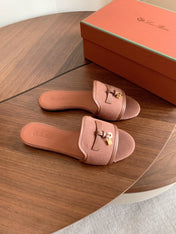 LP 26S SUMMER CHARMS SLIDES IN DUSTY ROSE BROWN CANVAS AND CALFSKIN GOLD HARDWARE