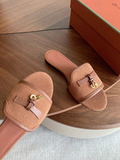 LP 26S SUMMER CHARMS SLIDES IN CARAMEL BROWN CANVAS AND CALFSKIN GOLD HARDWARE