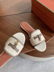LP 26S SUMMER CHARMS SLIDES IN BEIGE CANVAS AND TAUPE BROWN CALFSKIN GOLD HARDWARE