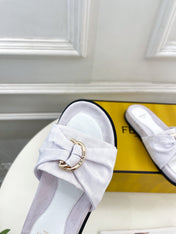 FENDI FLAT SLIPPER IN WHITE JACQUARD FABRIC WITH GOLD HARDWARE