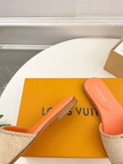 LV WOMEN CAPRI FLAT MULES IN TIGER ORANGE LEATHER AND RAFFIA