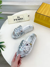 FENDI THICK SOLE 3 CM SEQUIN SLIPPER SILVER