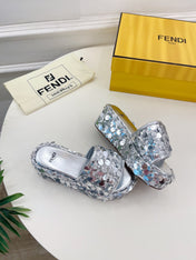 FENDI THICK SOLE 6 CM SEQUIN SLIPPER SILVER