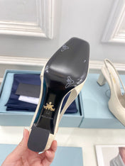 SQUARE TOE SLINGBACK PUMPS IN WHITE GLOSSY CALFSKIN