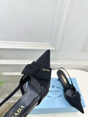 PRADA 26S POINTED-TOE SLINGBACK HEELS 75MM IN BLACK MESH WITH BLACK BOW