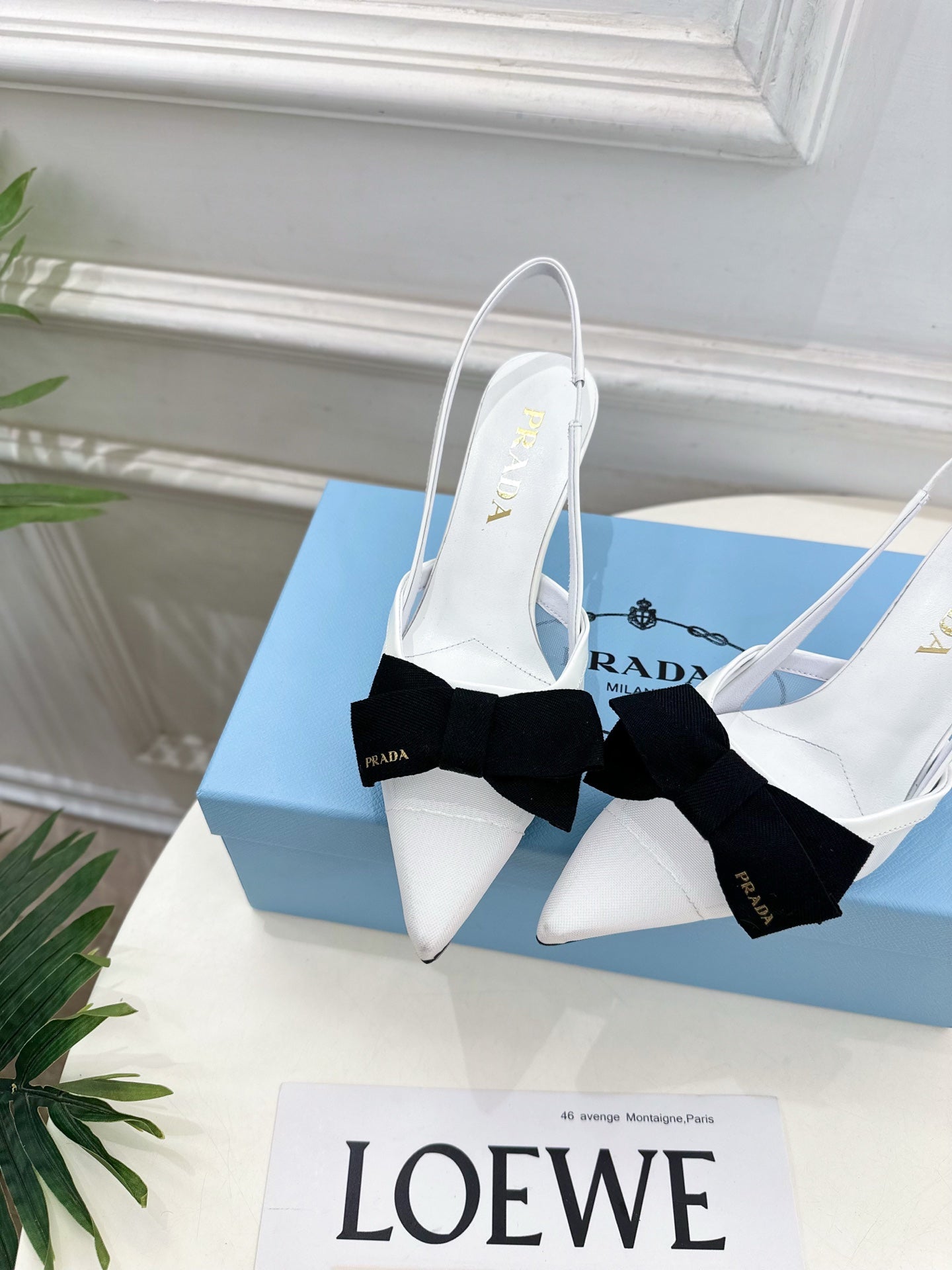 PRADA 26S POINTED-TOE SLINGBACK HEELS 75MM IN WHITE MESH WITH BLACK BOW
