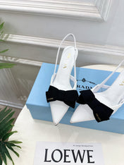 PRADA 26S POINTED-TOE SLINGBACK HEELS 75MM IN WHITE MESH WITH BLACK BOW