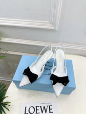 PRADA 26S POINTED-TOE SLINGBACK HEELS 75MM IN WHITE MESH WITH BLACK BOW