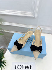 PRADA 26S POINTED-TOE SLINGBACK HEELS 75MM IN BEIGE MESH WITH BLACK BOW