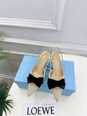 PRADA 26S POINTED-TOE SLINGBACK HEELS 75MM IN BEIGE MESH WITH BLACK BOW