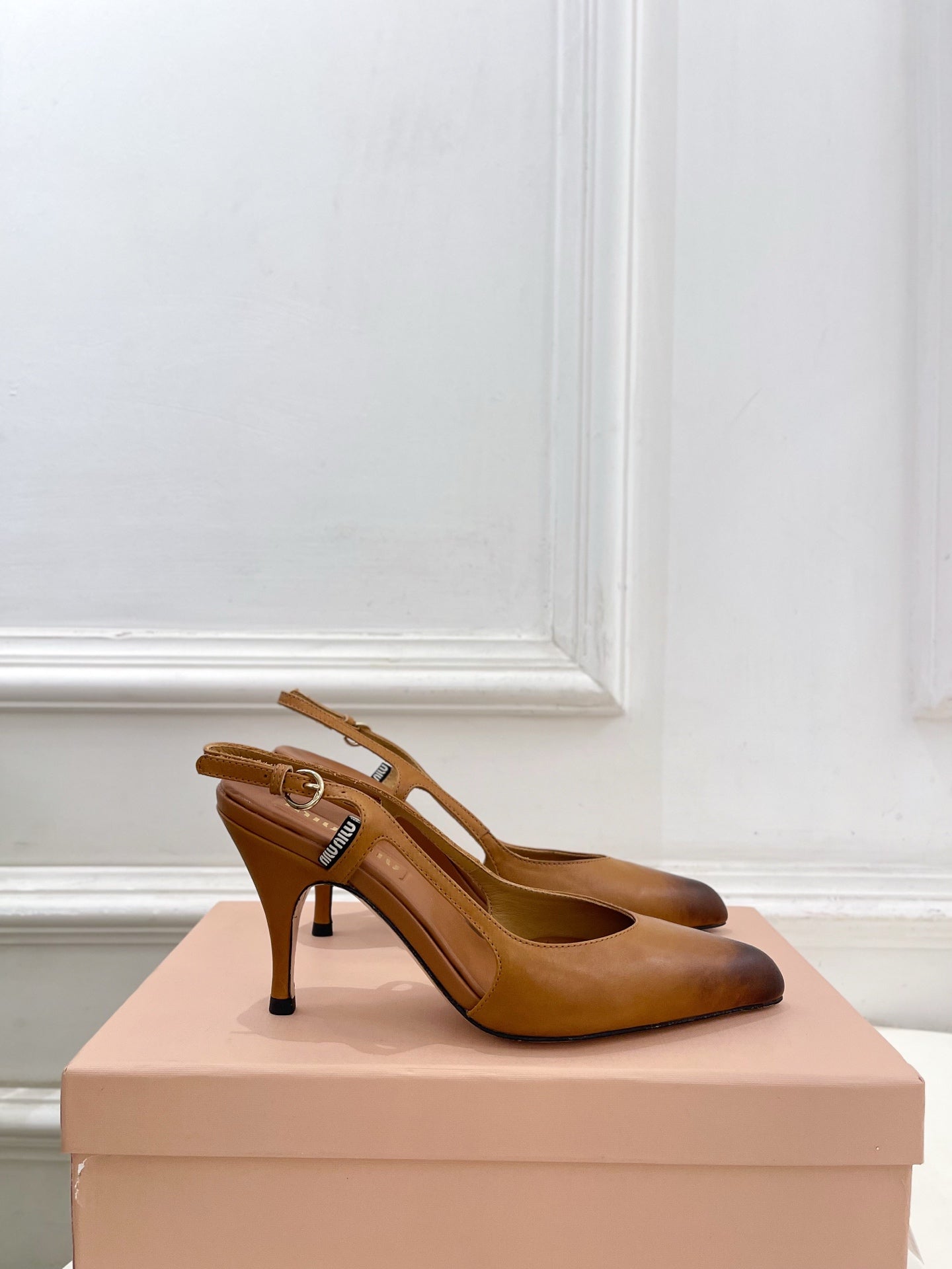 MIUMIU 26S SLINGBACK PUMPS 85MM IN BROWN COGNAC CALFSKIN