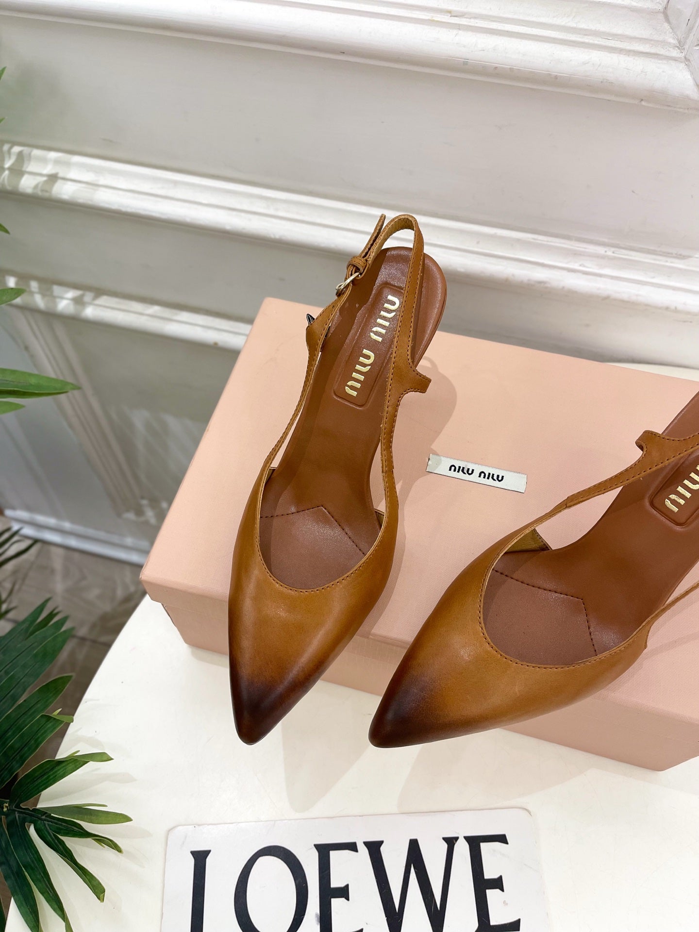 MIUMIU 26S SLINGBACK PUMPS 85MM IN BROWN COGNAC CALFSKIN