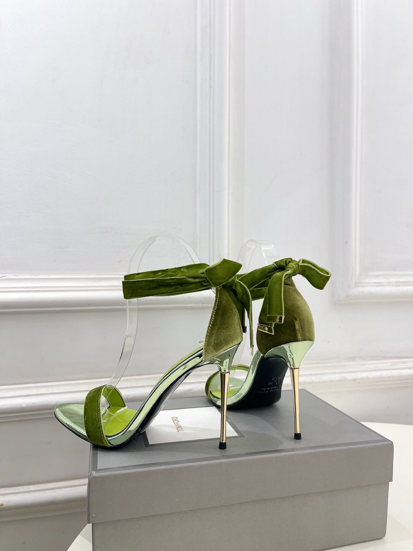 TOM FORD 26S HIGH-HEELED SANDALS 105 MM IN GREEN FABRIC AND CALFSKIN