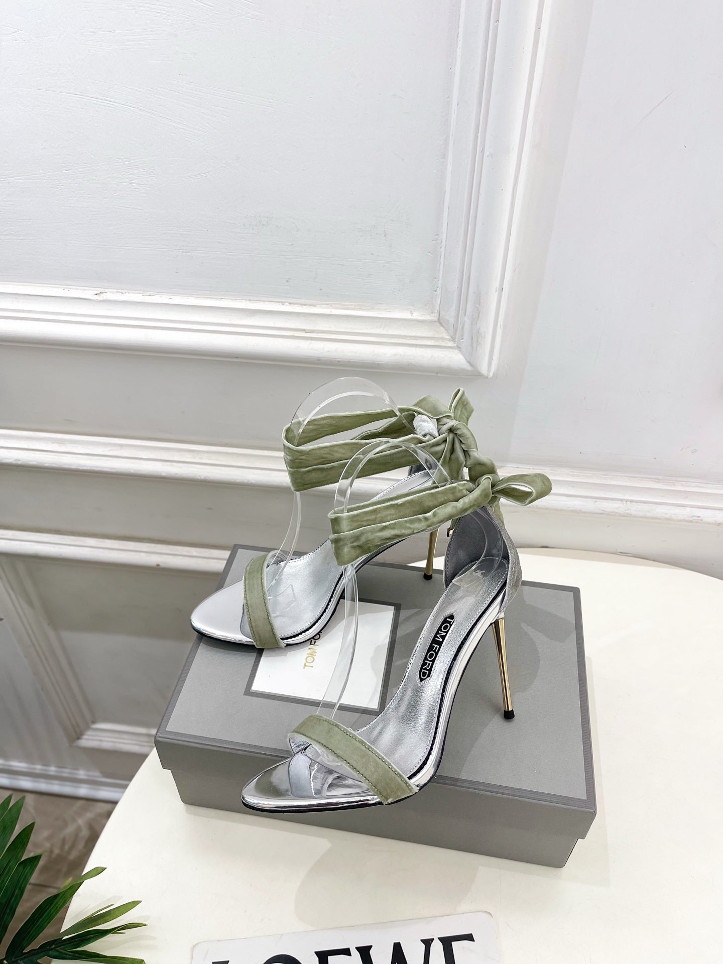 TOM FORD 26S HIGH-HEELED SANDALS 105 MM IN LIGHT GREEN FABRIC AND SILVER CALFSKIN