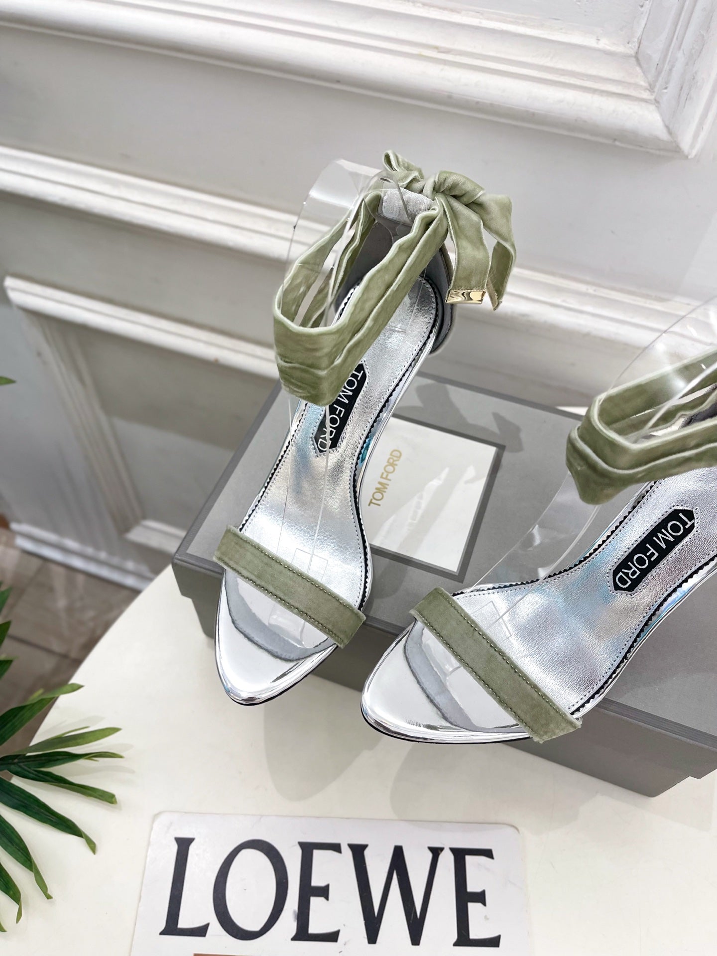 TOM FORD 26S HIGH-HEELED SANDALS 105 MM IN LIGHT GREEN FABRIC AND SILVER CALFSKIN