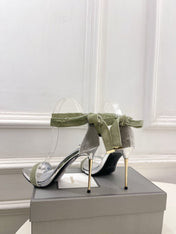 TOM FORD 26S HIGH-HEELED SANDALS 105 MM IN LIGHT GREEN FABRIC AND SILVER CALFSKIN