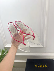 ALAIA 26S POINTED-TOE THONG SANDALS IN DARK PINK SATIN AND TRANSPARENT PVC