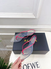 ALAIA 26S POINTED-TOE THONG SANDALS IN DARK PINK SATIN AND TRANSPARENT PVC