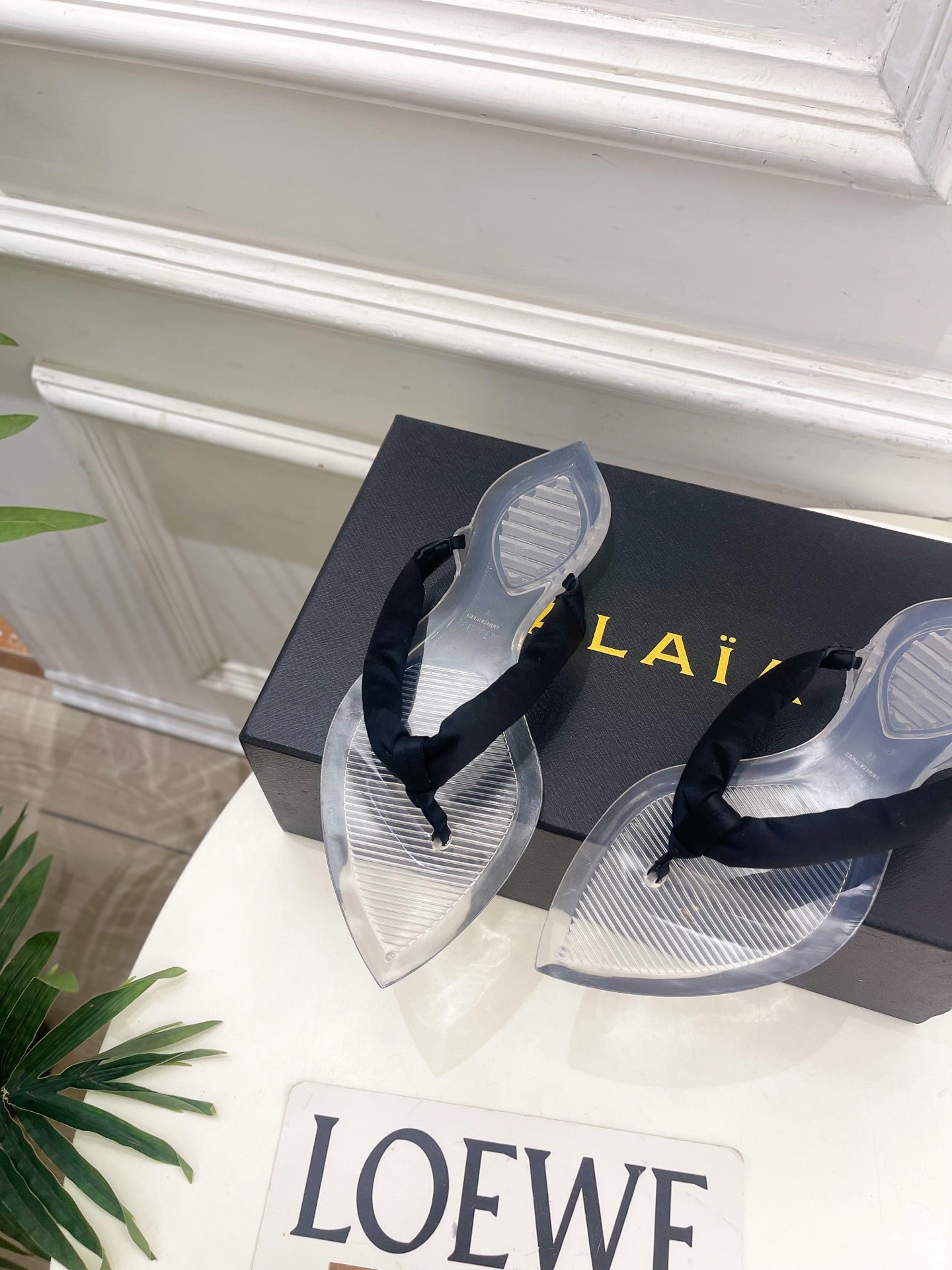 ALAIA 26S THONG SANDALS IN BLACK SATIN AND TRANSPARENT PVC