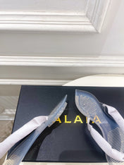 ALAIA 26S THONG SANDALS IN PEARL GREY SATIN AND TRANSPARENT PVC