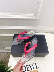 ALAIA 26S THONG SANDALS IN DARK PINK SATIN AND TRANSPARENT PVC