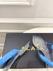 ALAIA 26S THONG SANDALS IN BLUE SATIN AND TRANSPARENT PVC