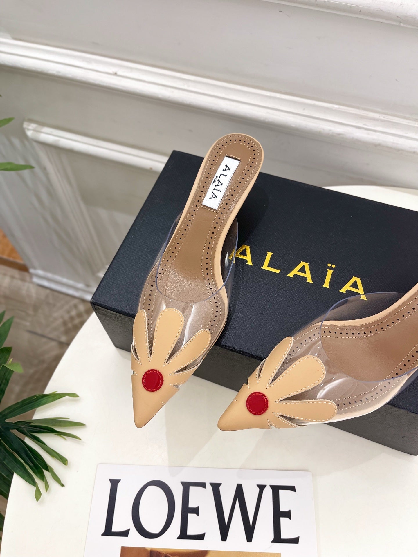 ALAIA 26S MULE HEELS 55 MM IN BEIGE LAMBSKIN AND TRANSPARENT PVC