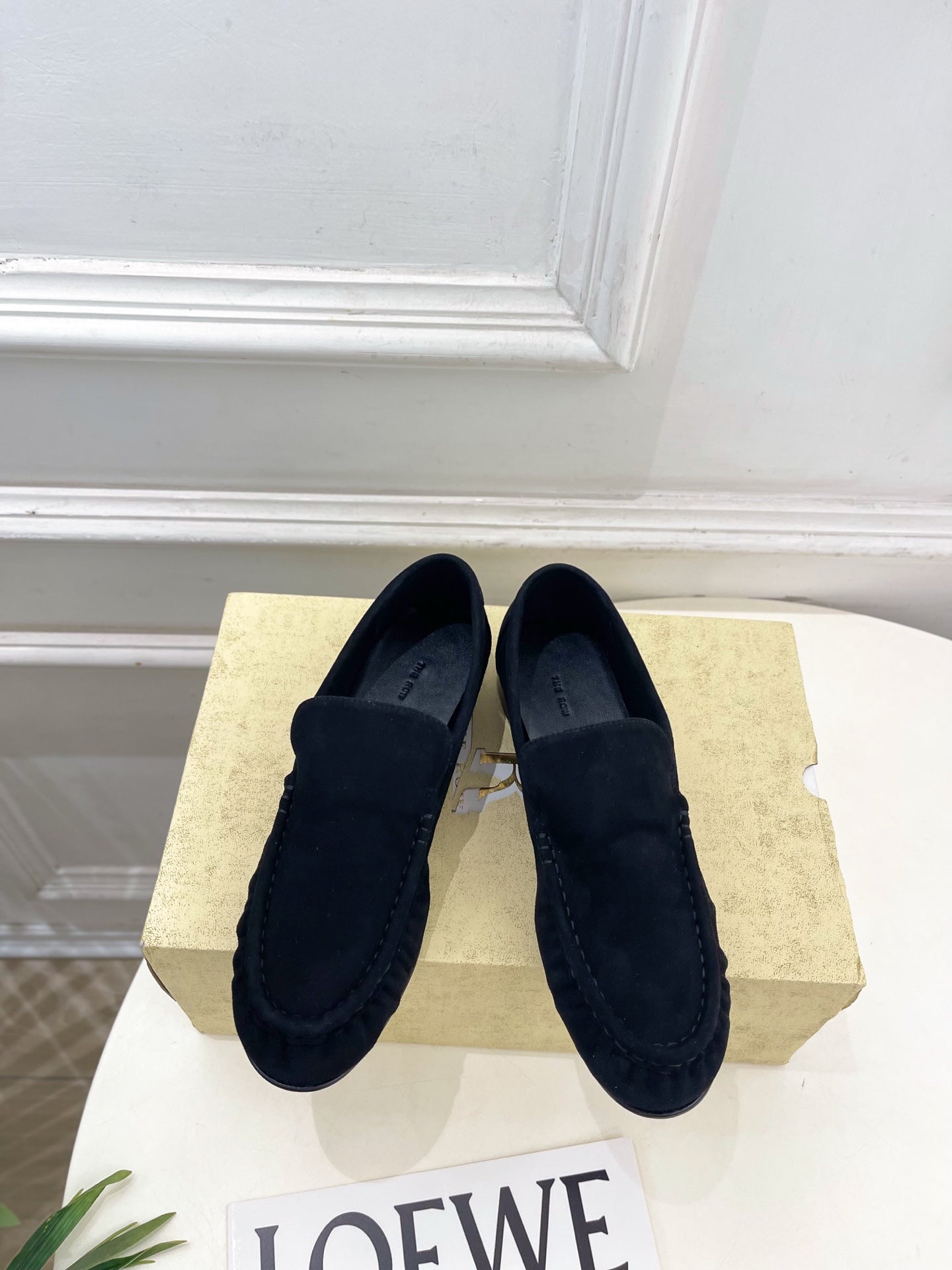 THE ROW 26S MOCCASIN LOAFERS 20MM IN BLACK SUEDE