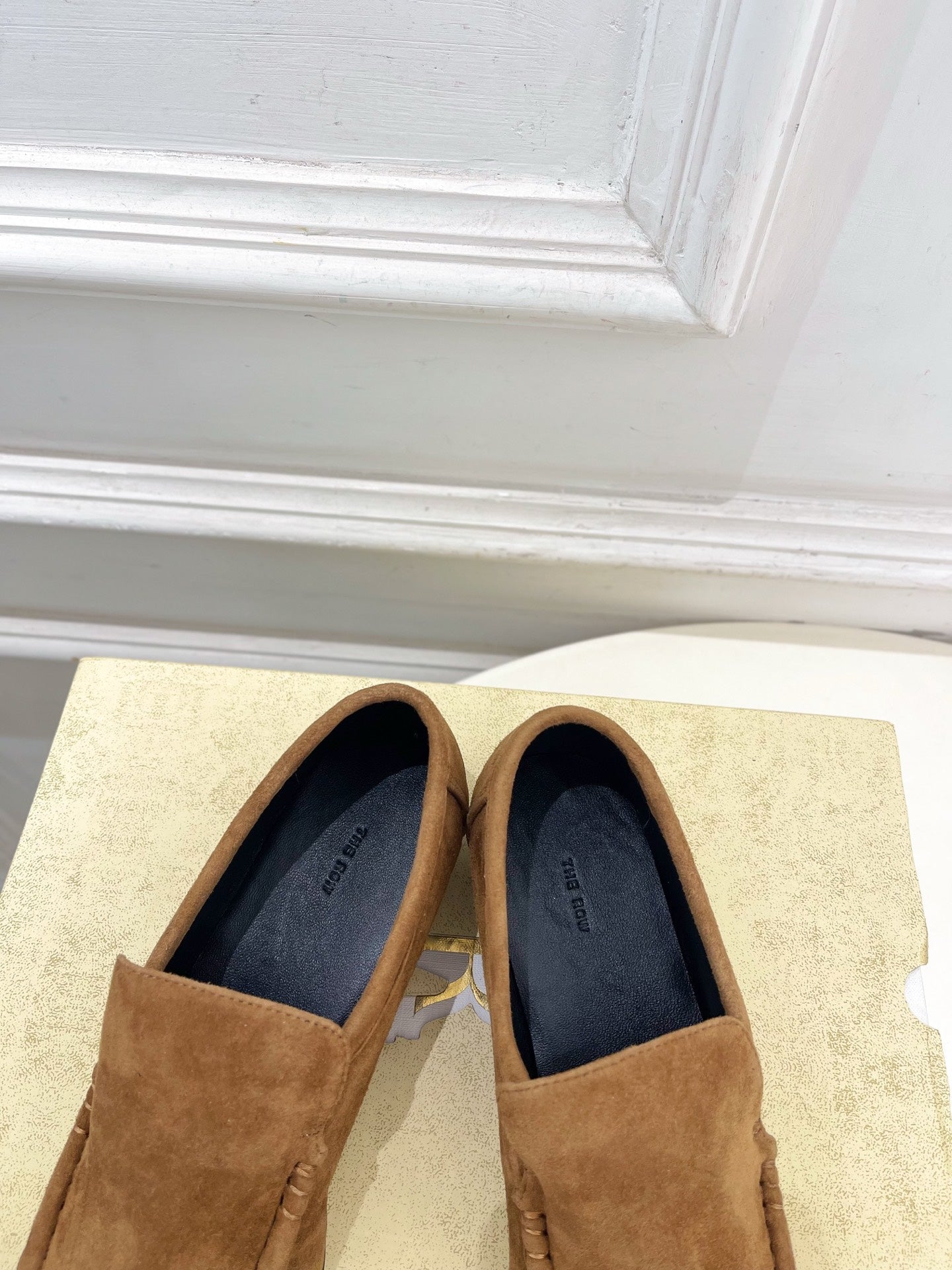 THE ROW 26S MOCCASIN LOAFERS 20MM IN COGNAC BROWN SUEDE