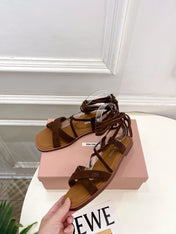 MIUMIU 26S LACE-UP SANDALS IN DARK BROWN SUEDE