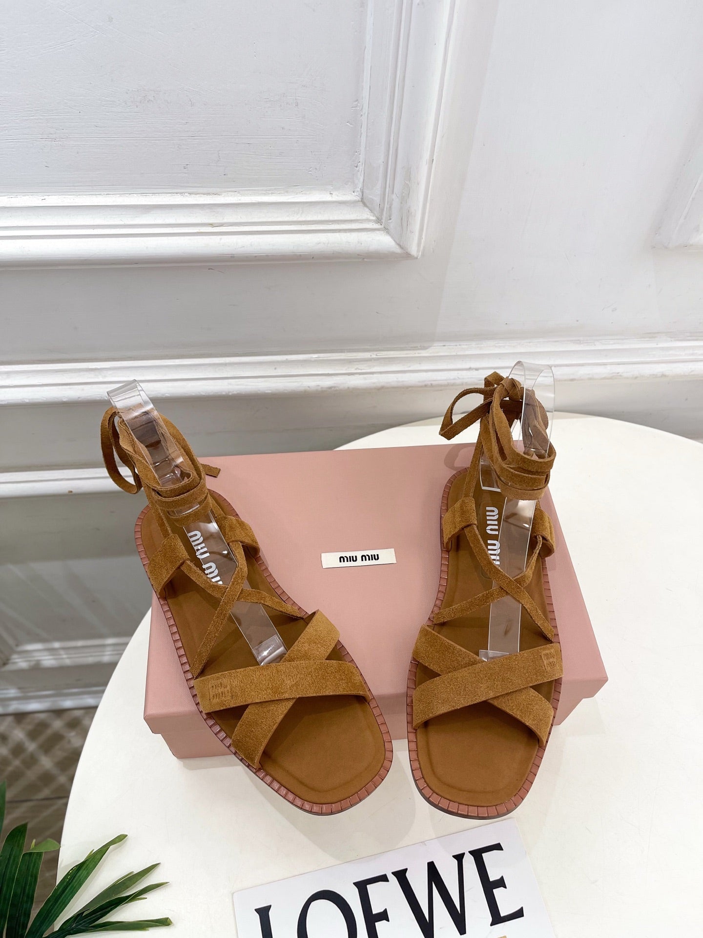 MIUMIU 26S LACE-UP SANDALS IN CARAMEL BROWN SUEDE