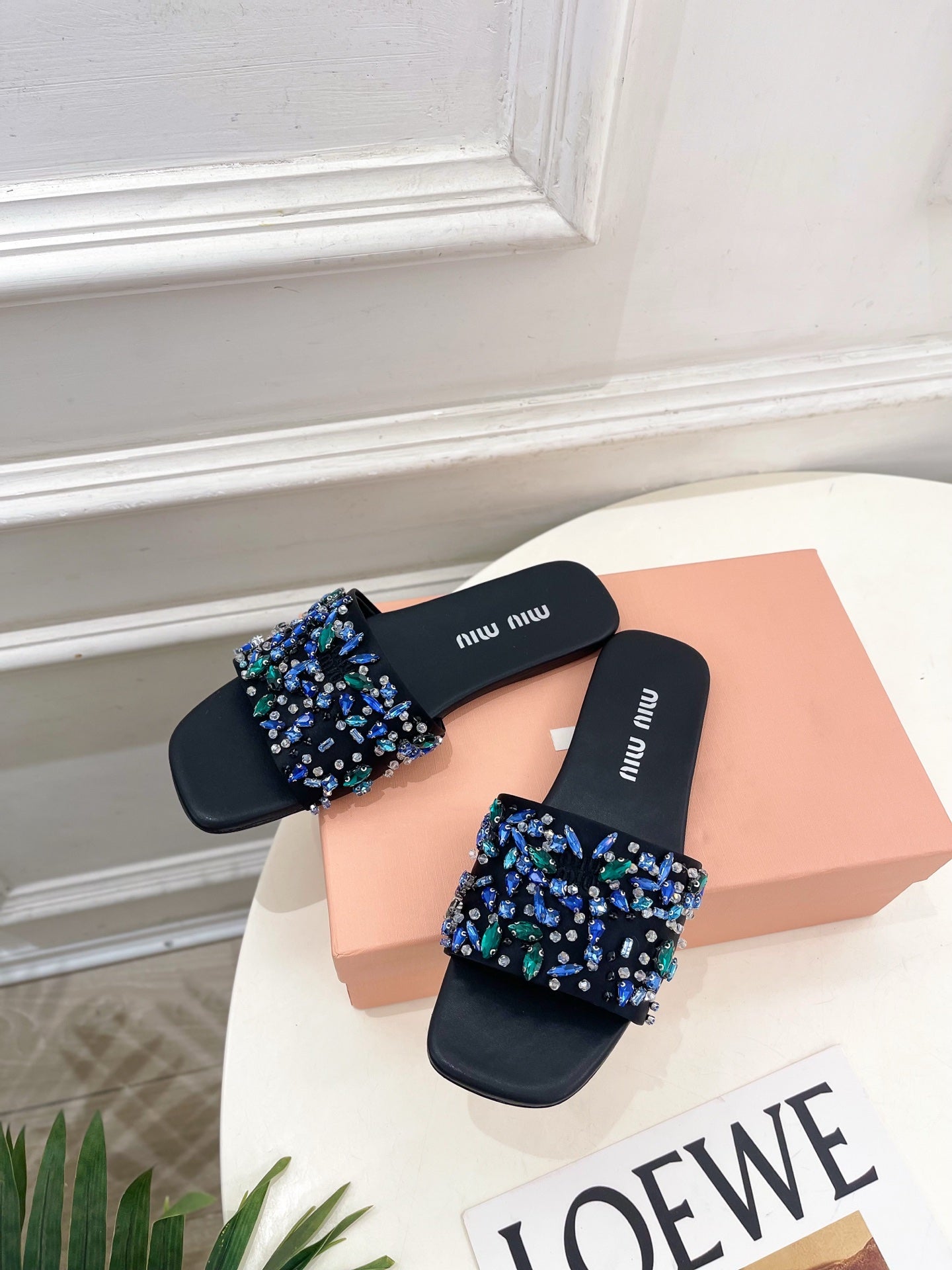 MIUMIU 26S SLIDES IN BLACK SATIN CRYSTAL EMBELLISHED