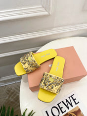 MIUMIU 26S SLIDES IN YELLOW SATIN CRYSTAL EMBELLISHED