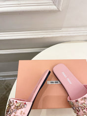 MIUMIU 26S SLIDES IN LIGHT PINK SATIN CRYSTAL EMBELLISHED