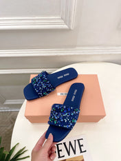 MIUMIU 26S SLIDES IN ROYAL BLUE SATIN CRYSTAL EMBELLISHED