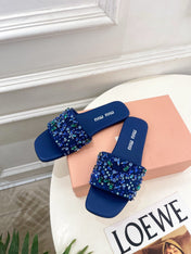 MIUMIU 26S SLIDES IN ROYAL BLUE SATIN CRYSTAL EMBELLISHED