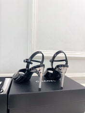 CHANEL 26S HIGH HEEL SLINGBACK SANDALS 90 MM IN BLACK PATENT