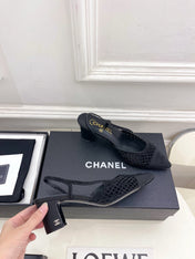 CHANEL 26S POINTED TOE HIGH HEEL SLINGBACK PUMPS 60MM IN BLACK MESH