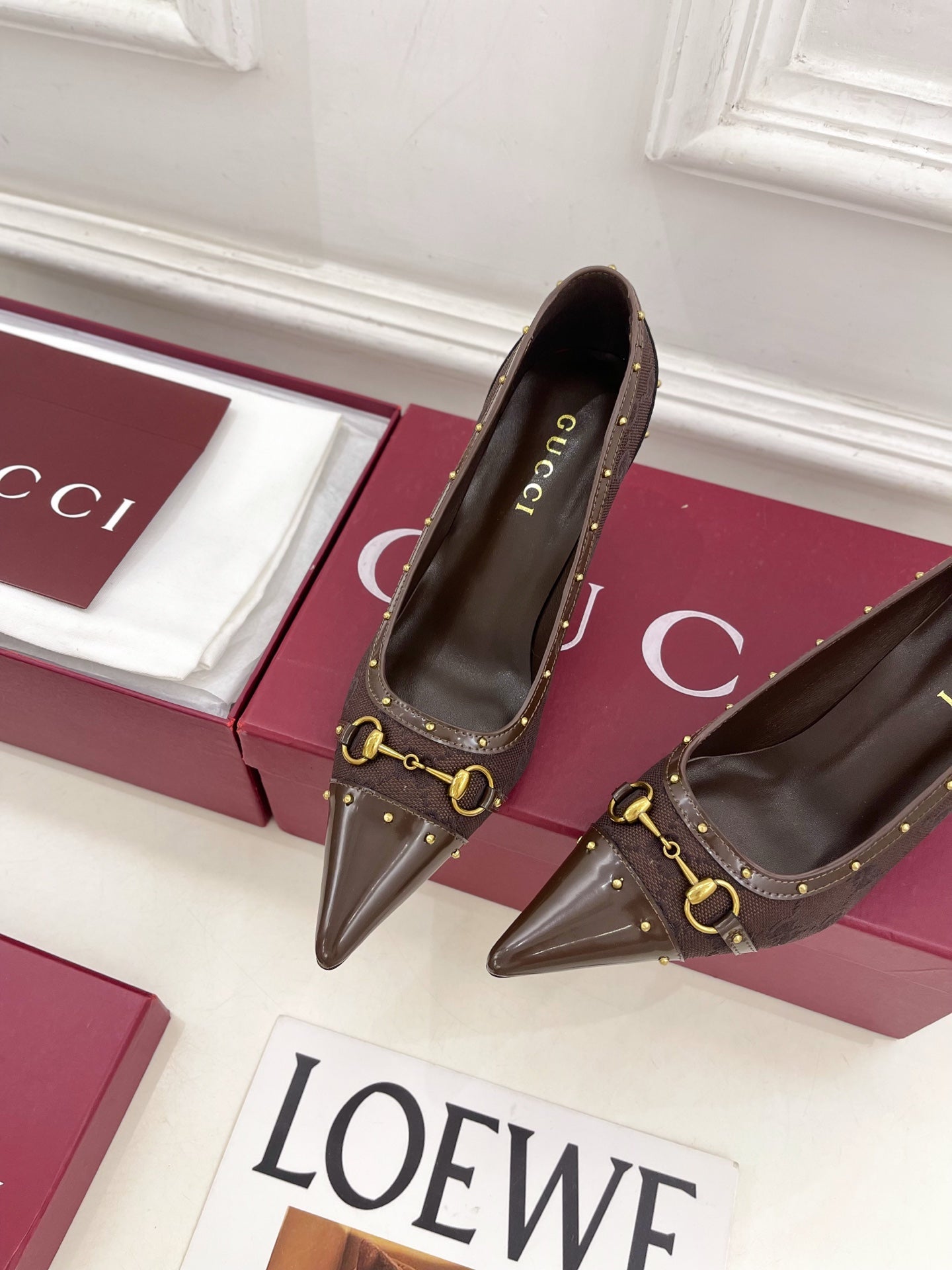 GUCCI 26S HIGH HEELS 75 MM IN DARK BROWN CANVAS GG LOGO PATTERN