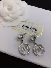 MIUMIU 26S PEARL DROP CRYSTAL LOGO CIRCLE EARRINGS IN SILVER TONE METAL 615772