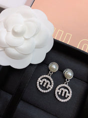MIUMIU 26S PEARL DROP CRYSTAL LOGO CIRCLE EARRINGS IN SILVER TONE METAL 615772