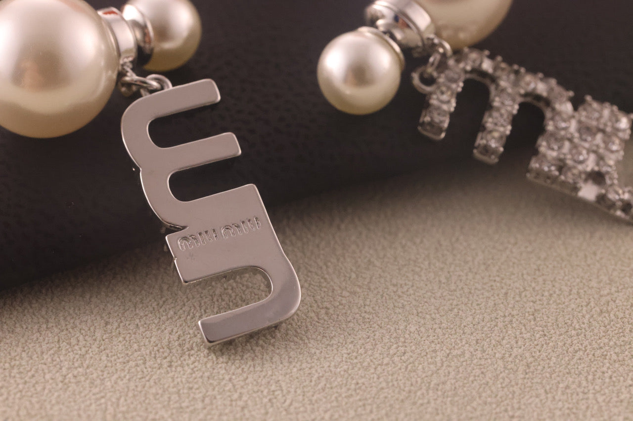 MIUMIU 26S CRYSTAL LOGO PEARL DROP EARRINGS IN SILVER TONE METAL 620414