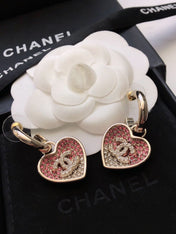 CHANEL 26S DOUBLE C LOGO TWO-TONE PAVE CRYSTAL HEART DROP HOOP EARRINGS IN GOLD METAL 631080