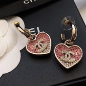 CHANEL 26S DOUBLE C LOGO TWO-TONE PAVE CRYSTAL HEART DROP HOOP EARRINGS IN GOLD METAL 631080