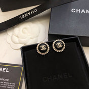 CHANEL 26S DOUBLE C LOGO BLACK ENAMEL CRYSTAL FRAME STUD EARRINGS IN GOLD METAL 633330