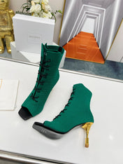 BALMAIN 26S LACE UP OPEN TOE BOOTS 95 MM IN GREEN FLYKNIT