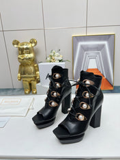 BALMAIN 26S OPEN-TOE BOOTS 115 MM IN BLACK CALFSKIN PEARL-EMBELLISHED